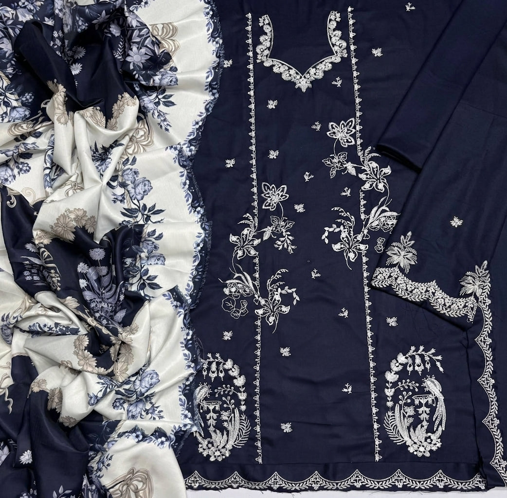 Navy Blue Dhanak 3 Piece Embroidered Suit with Woolen Shawl - view 2