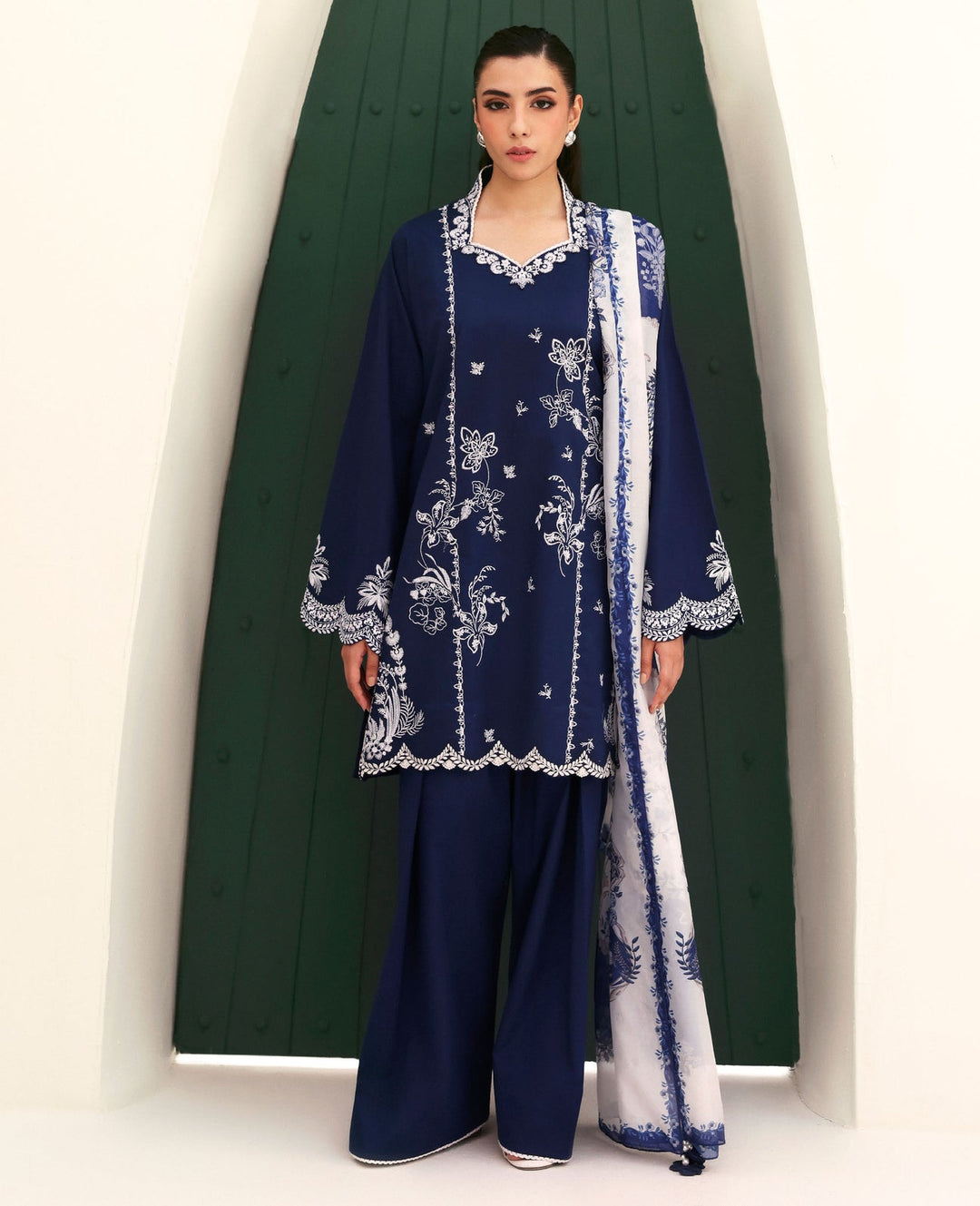Navy Blue Dhanak 3 Piece Embroidered Suit with Woolen Shawl