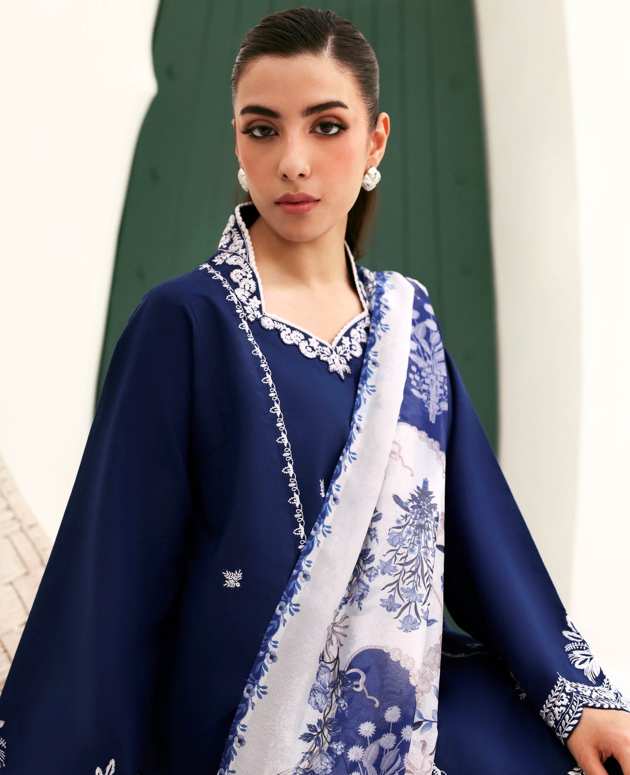 Navy Blue Dhanak 3 Piece Embroidered Suit with Woolen Shawl - view 3