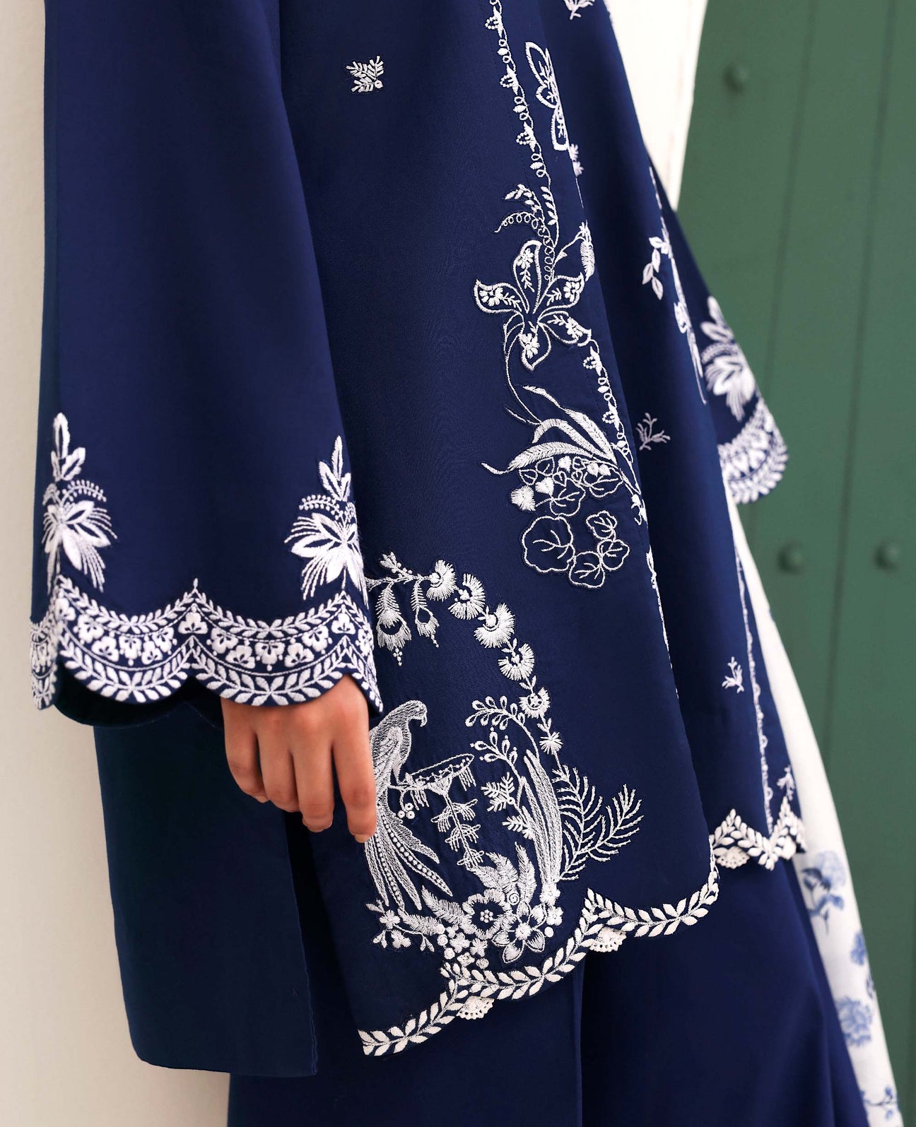 Navy Blue Dhanak 3 Piece Embroidered Suit with Woolen Shawl - view 4