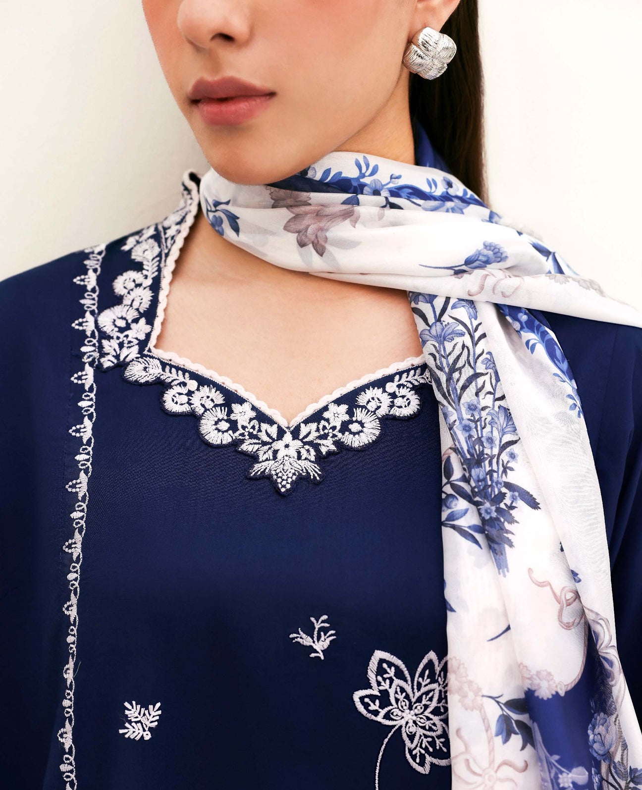 Navy Blue Dhanak 3 Piece Embroidered Suit with Woolen Shawl - view 5