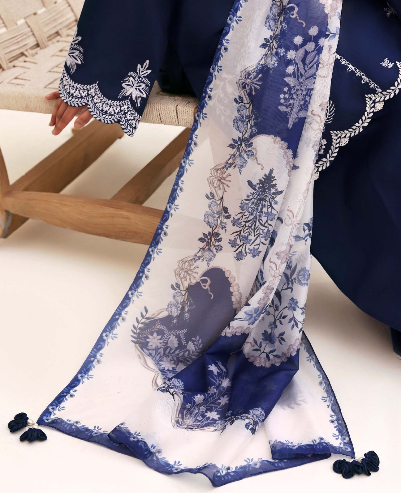 Navy Blue Dhanak 3 Piece Embroidered Suit with Woolen Shawl - view 7