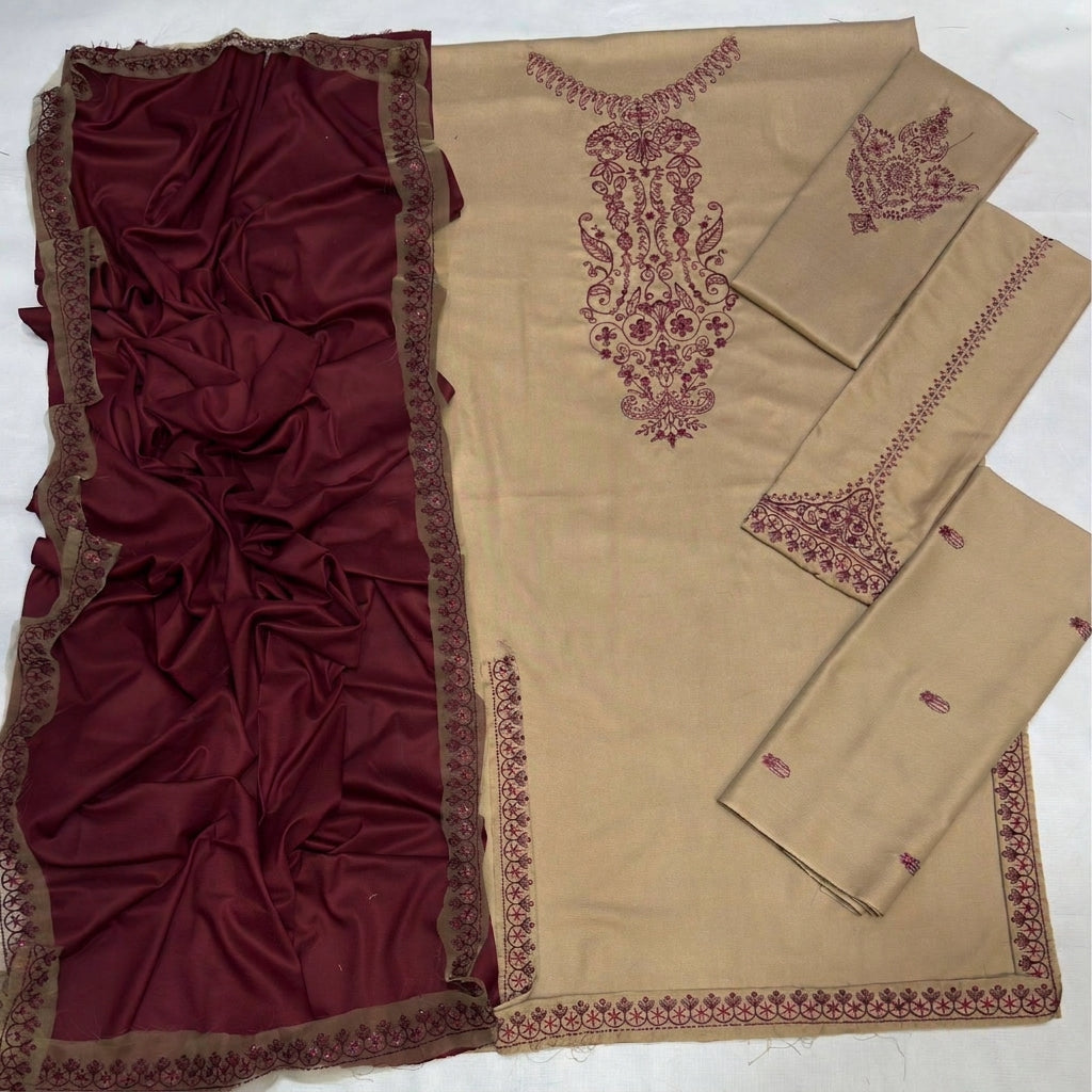 Beige Airjet Dhanak 3-Piece Suit Sequence Thread Embroidered with Embroidered Border Shawl Unstitched — Winter Collection 2026