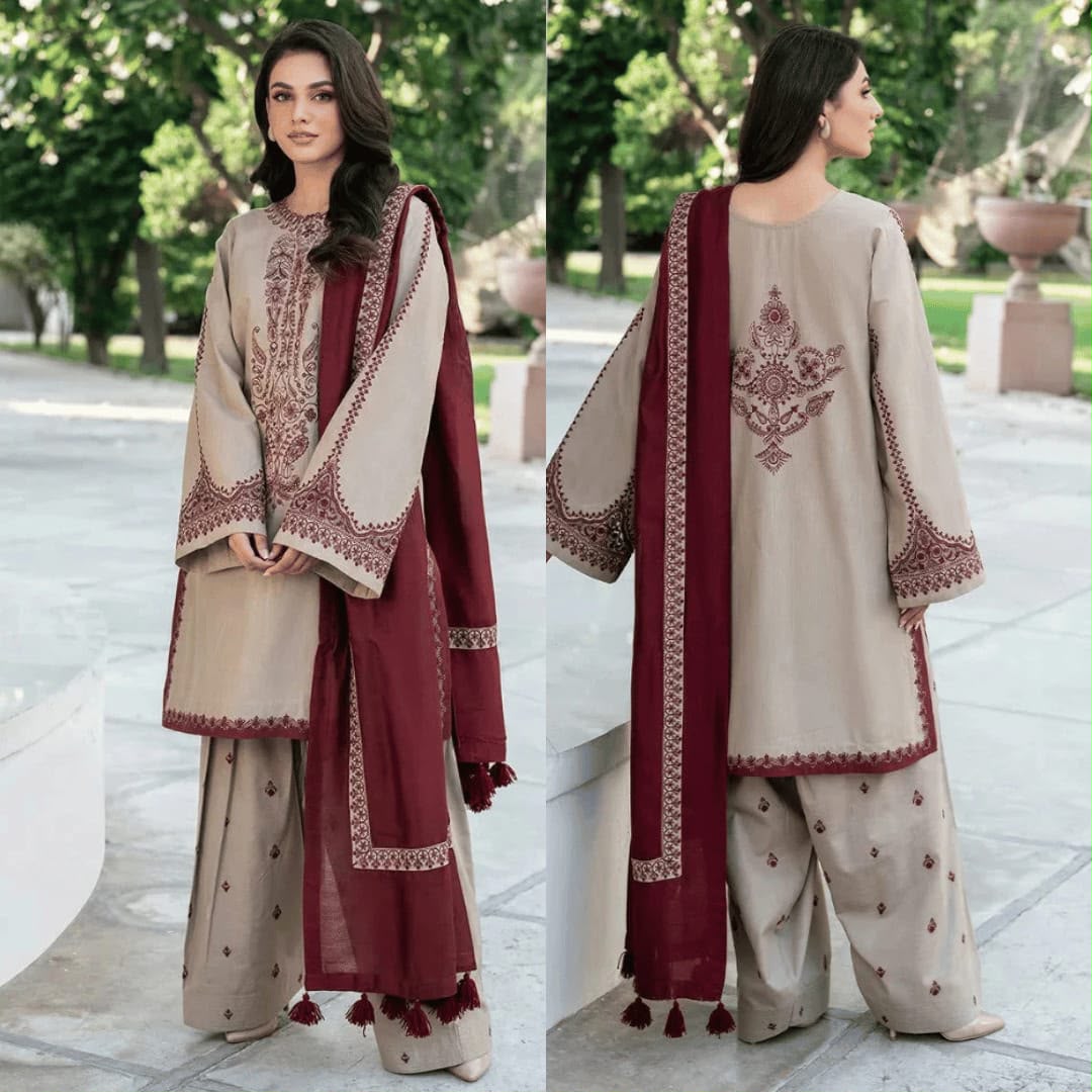 Beige Airjet Dhanak 3-Piece Suit Sequence Thread Embroidered with Embroidered Border Shawl Unstitched — Winter Collection 2026