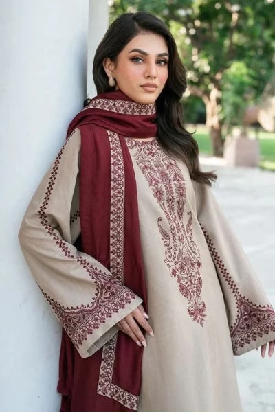 Beige Airjet Dhanak 3-Piece Suit Sequence Thread Embroidered with Embroidered Border Shawl Unstitched — Winter Collection 2026