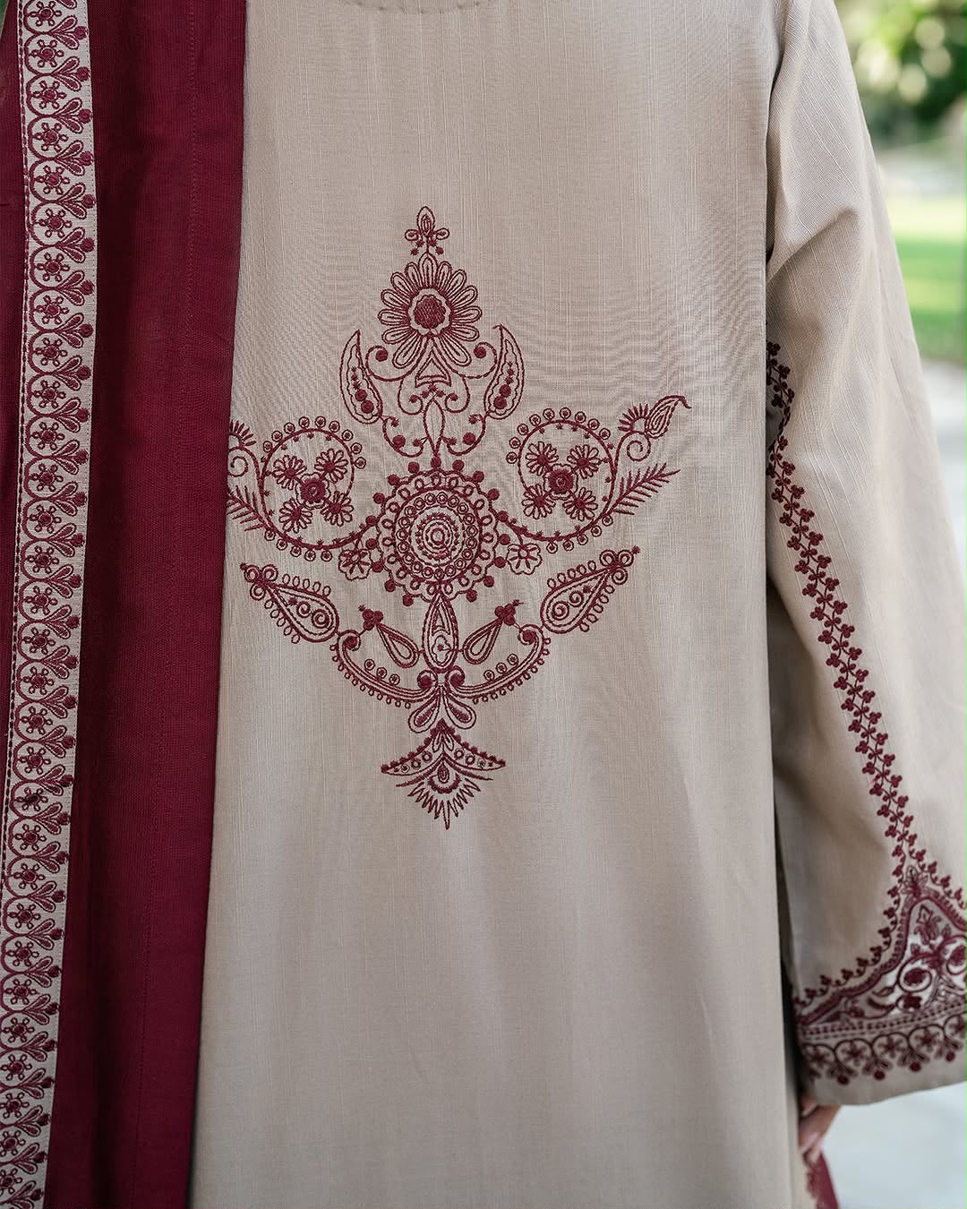 Beige Airjet Dhanak 3-Piece Suit Sequence Thread Embroidered with Embroidered Border Shawl Unstitched — Winter Collection 2026