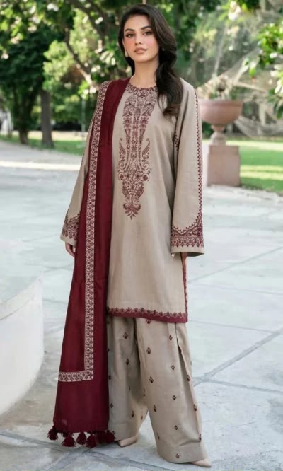 Beige Airjet Dhanak 3-Piece Suit Sequence Thread Embroidered with Embroidered Border Shawl Unstitched — Winter Collection 2026