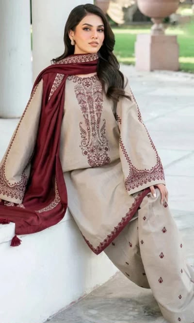 Beige Airjet Dhanak 3-Piece Suit Sequence Thread Embroidered with Embroidered Border Shawl Unstitched — Winter Collection 2026