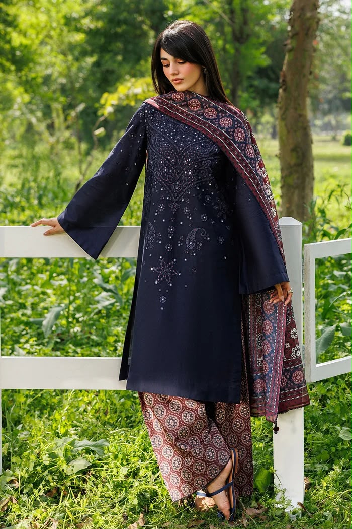 Navy Blue Dhanak 3-Piece Suit Full Heavy Sequence Embroidered with Digital Printed Woolen Shawl & Karandi Trouser Unstitched — Winter Collection 2026