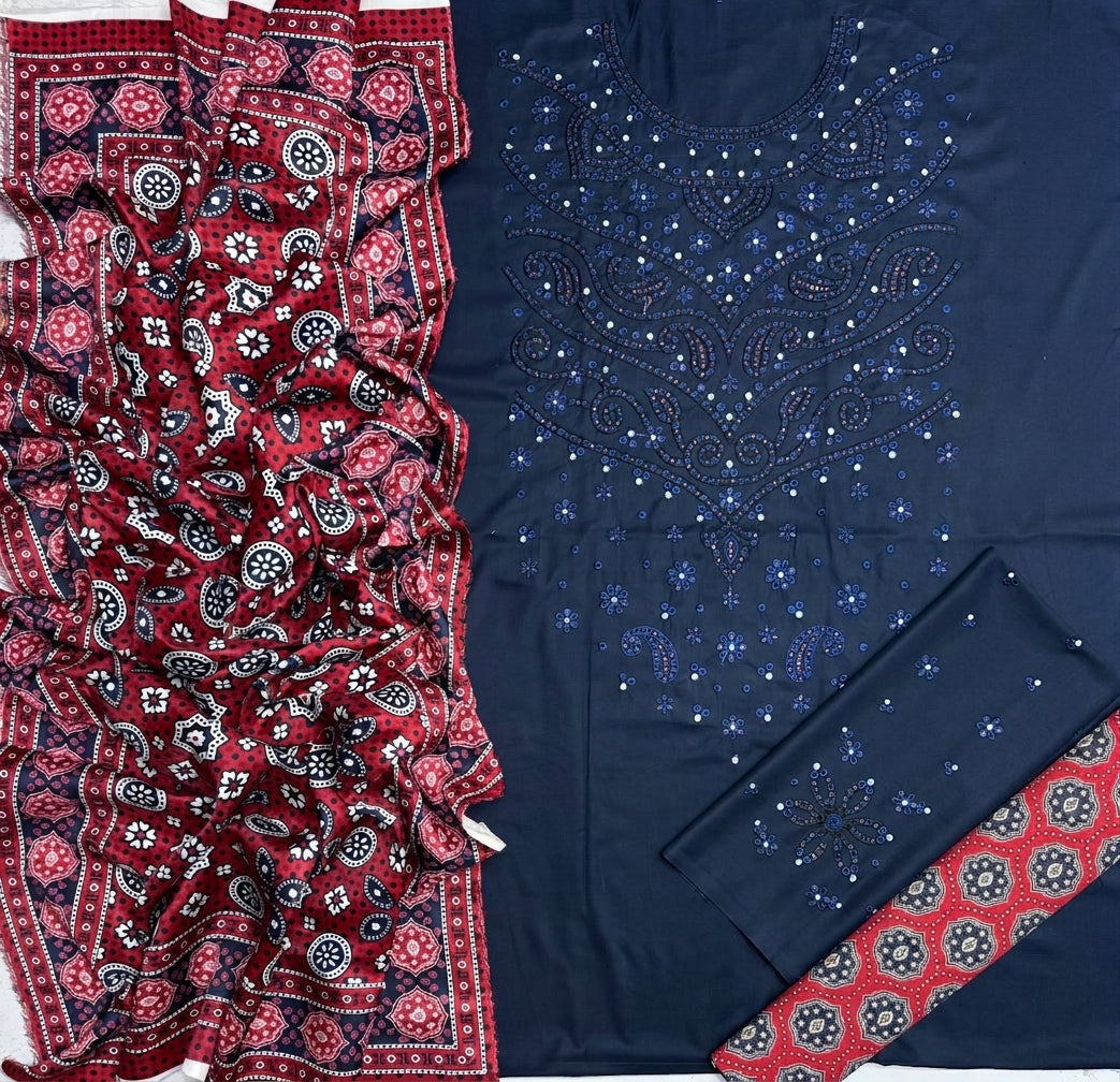Navy Blue Dhanak 3-Piece Suit Full Heavy Sequence Embroidered with Digital Printed Woolen Shawl & Karandi Trouser Unstitched — Winter Collection 2026