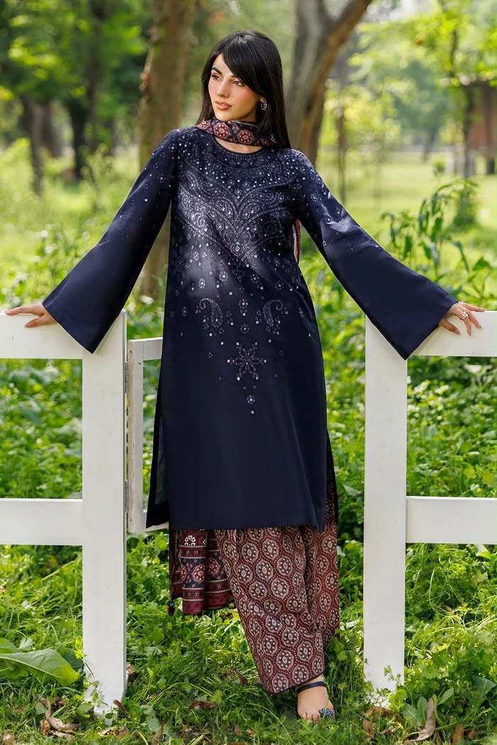 Navy Blue Dhanak 3-Piece Suit Full Heavy Sequence Embroidered with Digital Printed Woolen Shawl & Karandi Trouser Unstitched — Winter Collection 2026