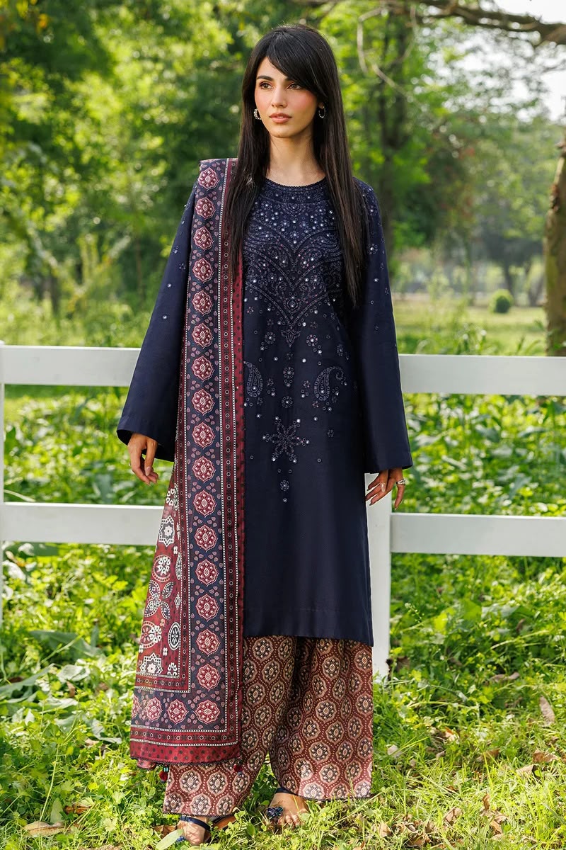 Navy Blue Dhanak 3-Piece Suit Full Heavy Sequence Embroidered with Digital Printed Woolen Shawl & Karandi Trouser Unstitched — Winter Collection 2026