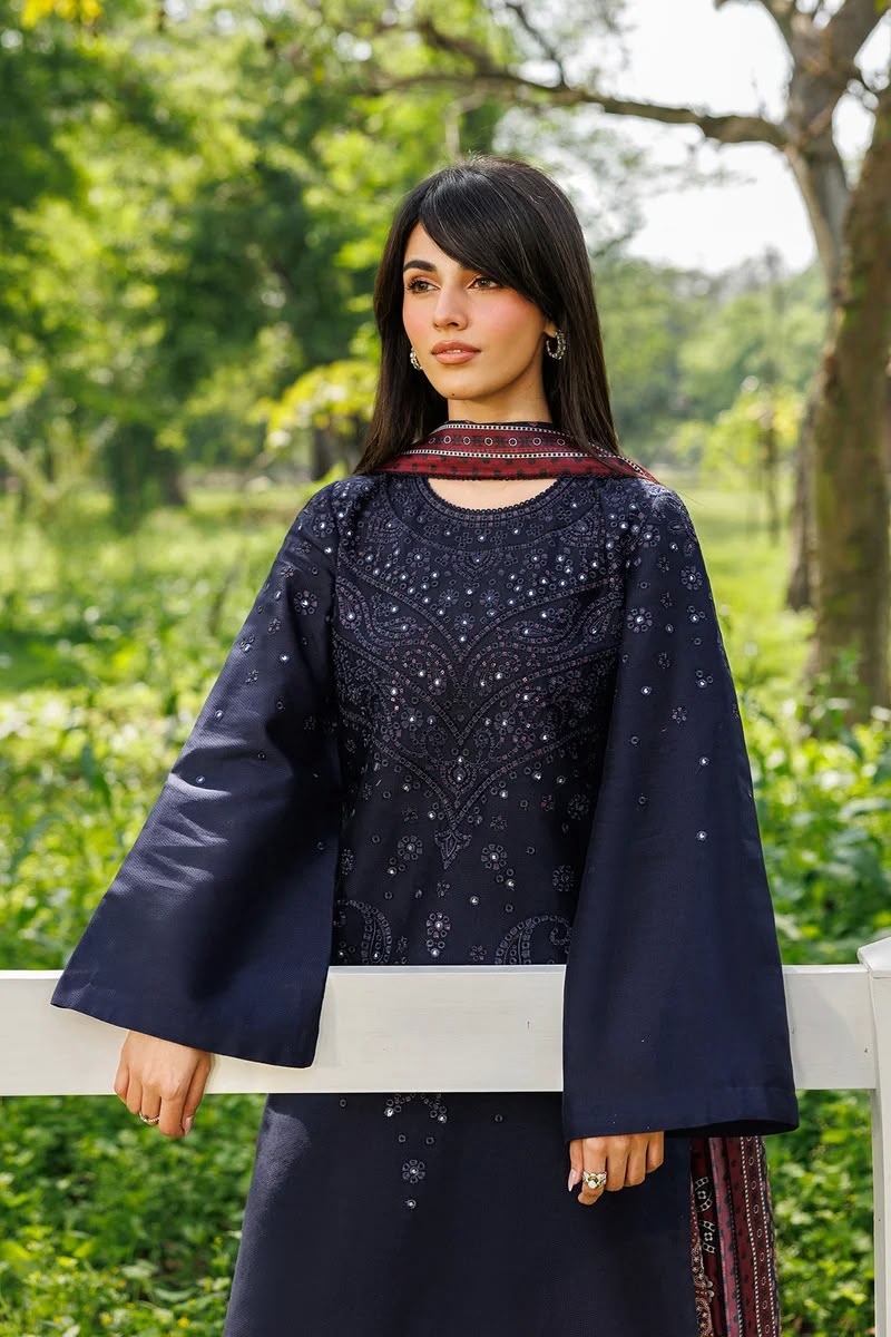 Navy Blue Dhanak 3-Piece Suit Full Heavy Sequence Embroidered with Digital Printed Woolen Shawl & Karandi Trouser Unstitched — Winter Collection 2026