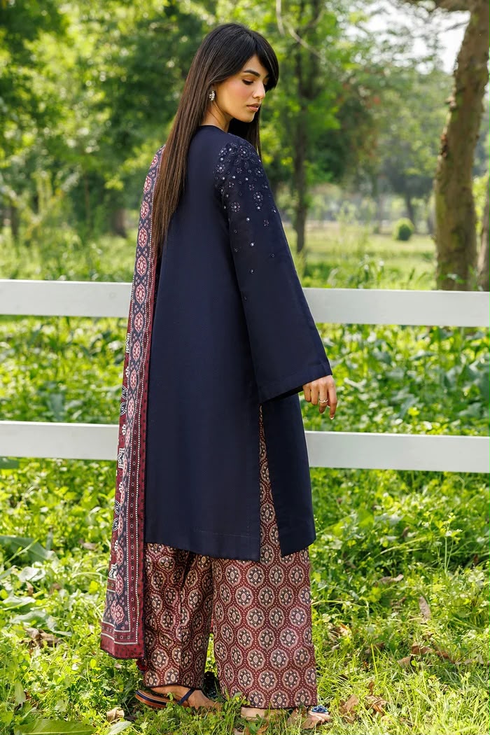 Navy Blue Dhanak 3-Piece Suit Full Heavy Sequence Embroidered with Digital Printed Woolen Shawl & Karandi Trouser Unstitched — Winter Collection 2026
