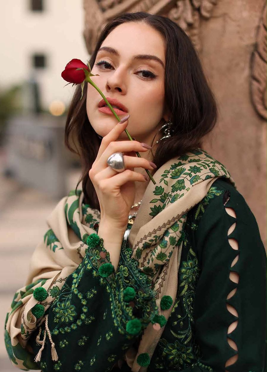 Bottle Green Dhanak 3-Piece Suit Full Heavy Embroidered with Digital Printed Woolen Shawl Unstitched — Winter Collection 2026