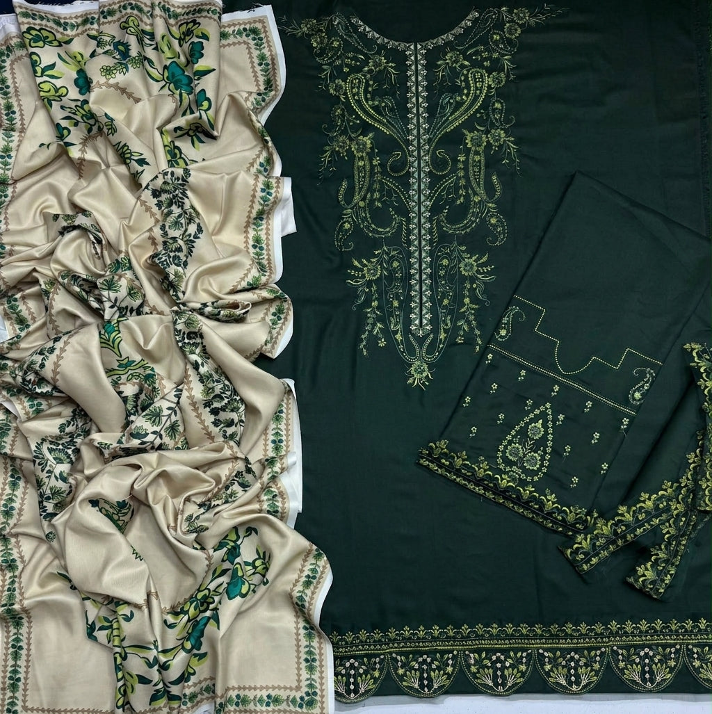 Bottle Green Dhanak 3-Piece Suit Full Heavy Embroidered with Digital Printed Woolen Shawl Unstitched — Winter Collection 2026