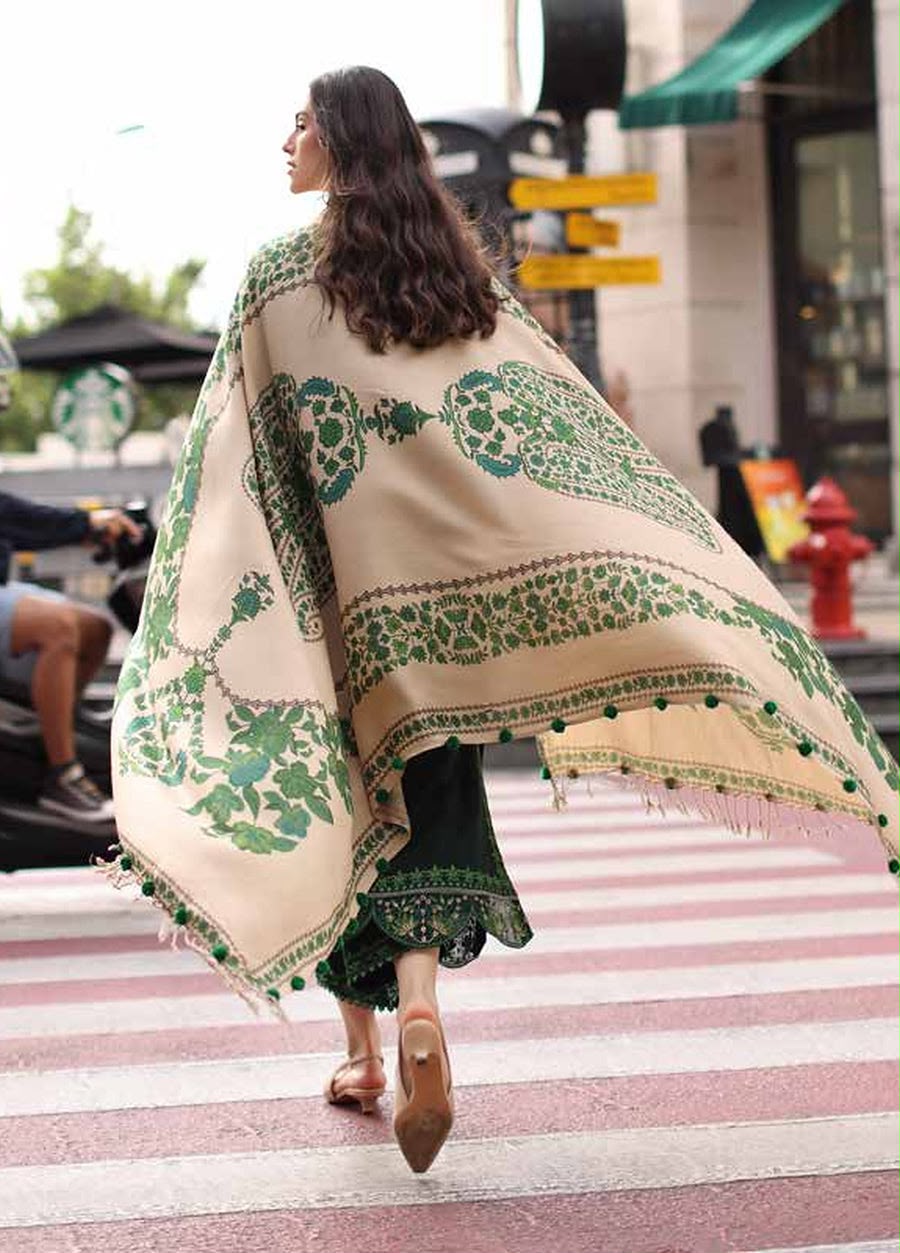 Bottle Green Dhanak 3-Piece Suit Full Heavy Embroidered with Digital Printed Woolen Shawl Unstitched — Winter Collection 2026