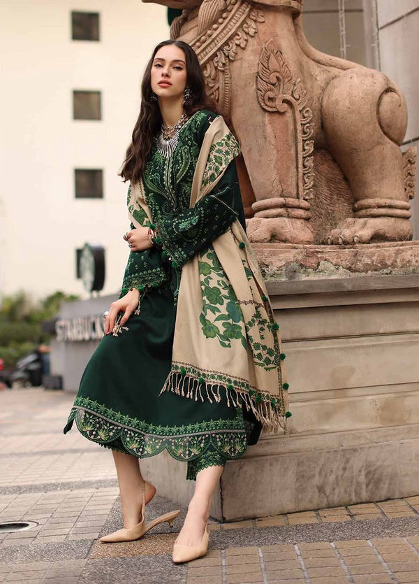 Bottle Green Dhanak 3-Piece Suit Full Heavy Embroidered with Digital Printed Woolen Shawl Unstitched — Winter Collection 2026