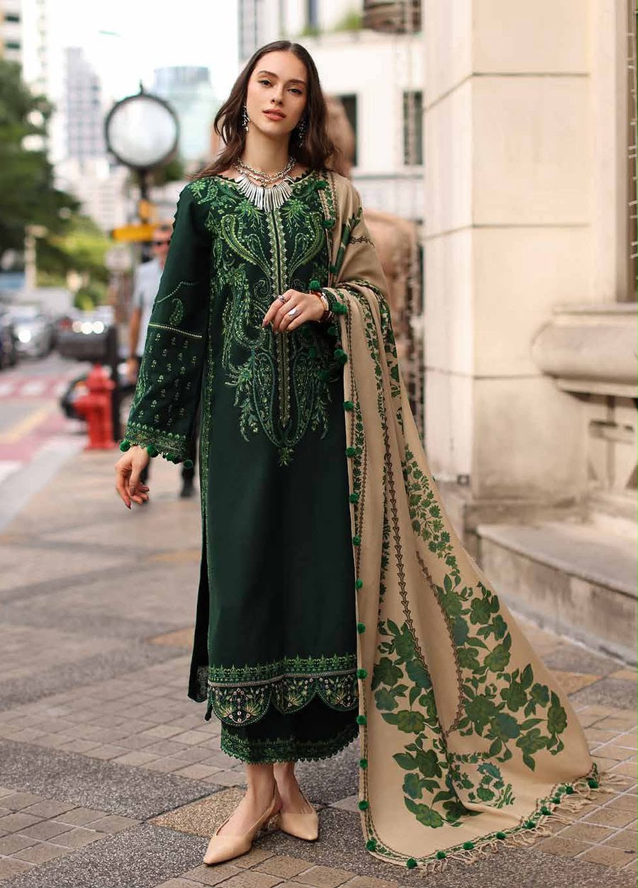 Bottle Green Dhanak 3-Piece Suit Full Heavy Embroidered with Digital Printed Woolen Shawl Unstitched — Winter Collection 2026