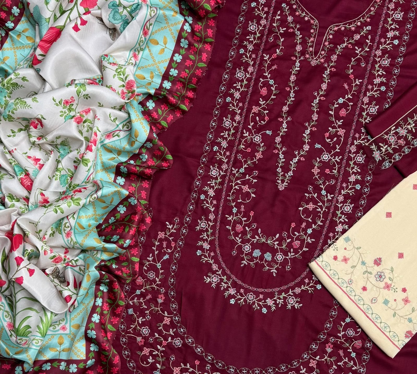 Maroon Dhanak 3-Piece Suit Full Heavy Multi-Head Embroidered with Digital Printed Woolen Shawl Unstitched — Winter Collection 2026