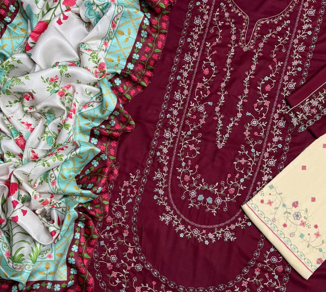 Maroon Dhanak 3-Piece Suit Full Heavy Multi-Head Embroidered with Digital Printed Woolen Shawl Unstitched — Winter Collection 2026