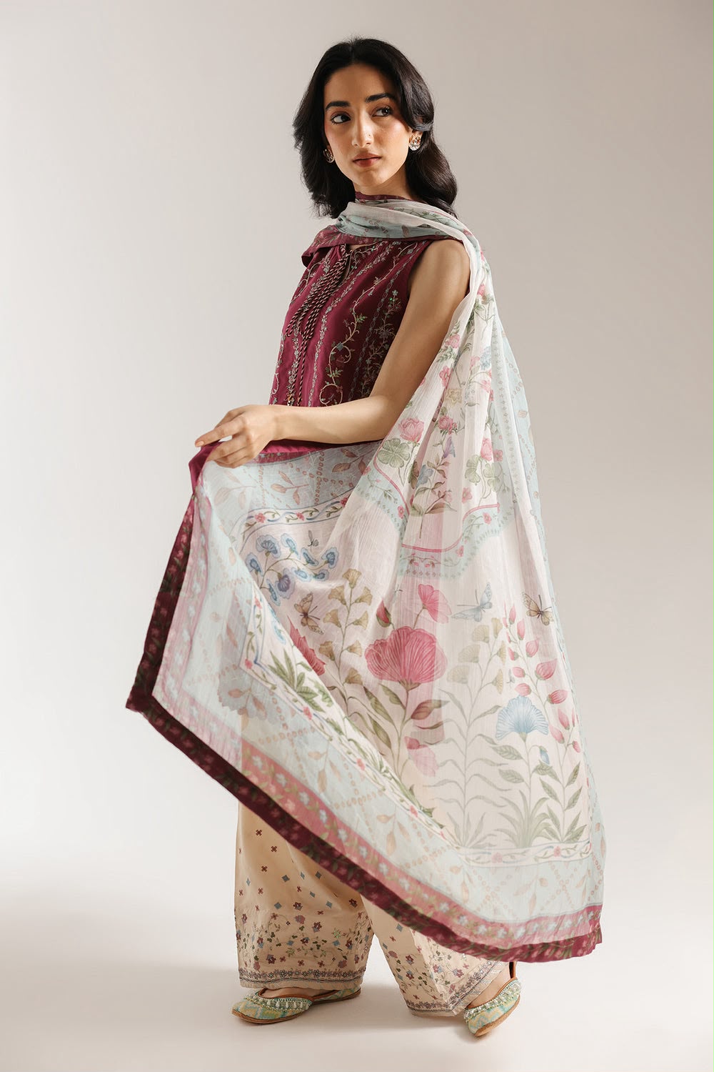 Maroon Dhanak 3-Piece Suit Full Heavy Multi-Head Embroidered with Digital Printed Woolen Shawl Unstitched — Winter Collection 2026