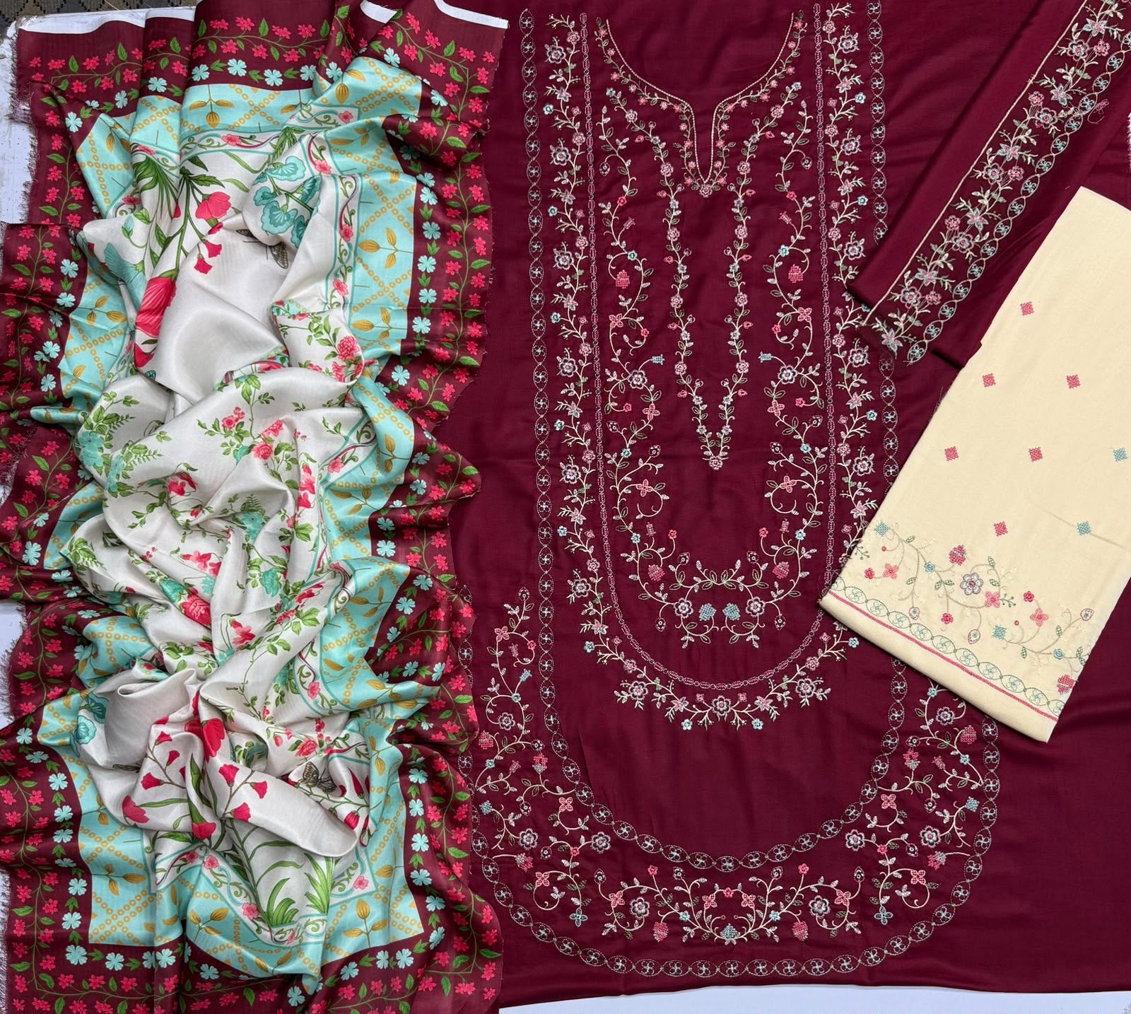 Maroon Dhanak 3-Piece Suit Full Heavy Multi-Head Embroidered with Digital Printed Woolen Shawl Unstitched — Winter Collection 2026