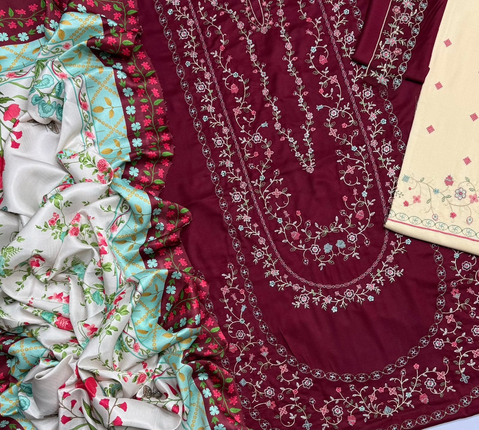 Maroon Dhanak 3-Piece Suit Full Heavy Multi-Head Embroidered with Digital Printed Woolen Shawl Unstitched — Winter Collection 2026