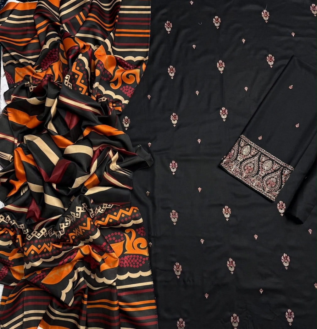 Black Dhanak 3-Piece Suit Full Heavy Multi-Head Embroidered with Digital Printed Woolen Shawl Unstitched — Winter Collection 2026