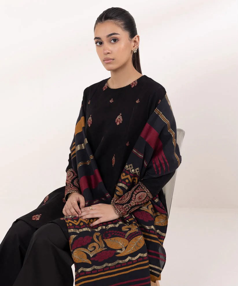 Black Dhanak 3-Piece Suit Full Heavy Multi-Head Embroidered with Digital Printed Woolen Shawl Unstitched — Winter Collection 2026