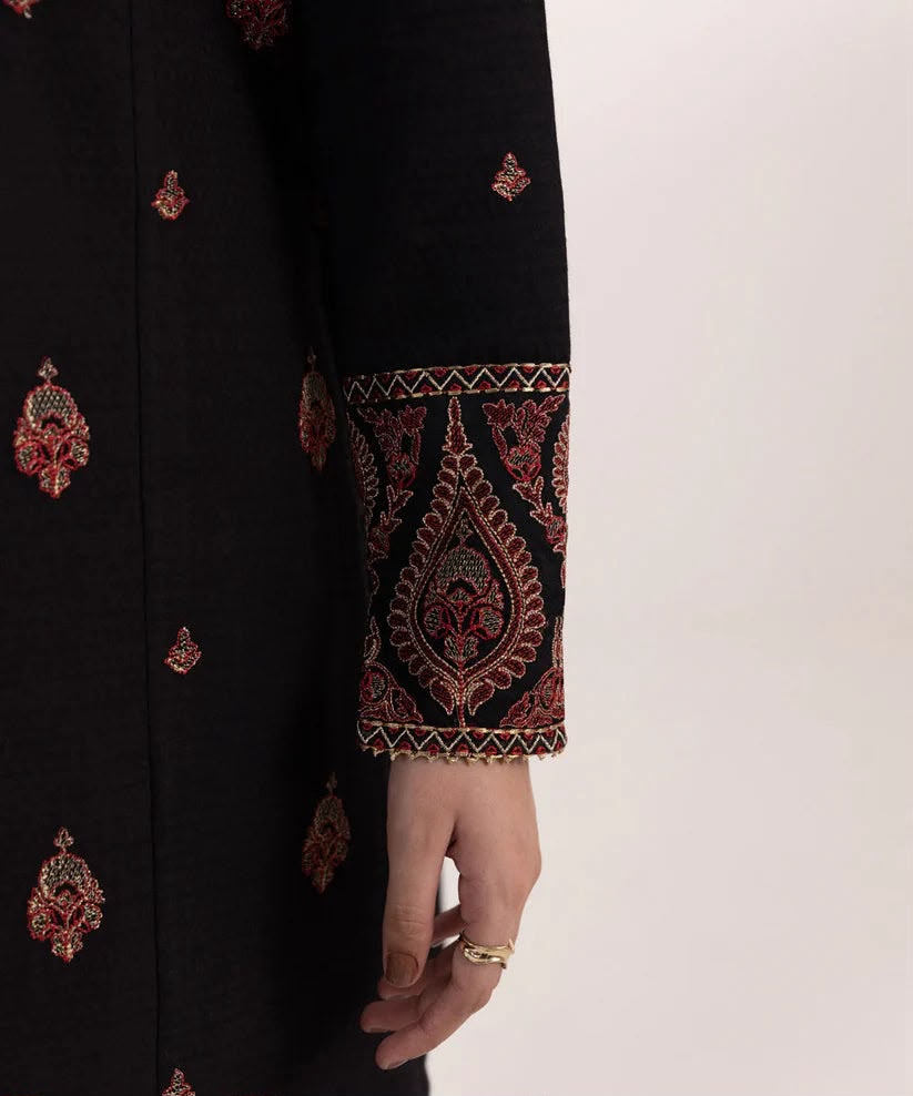 Black Dhanak 3-Piece Suit Full Heavy Multi-Head Embroidered with Digital Printed Woolen Shawl Unstitched — Winter Collection 2026