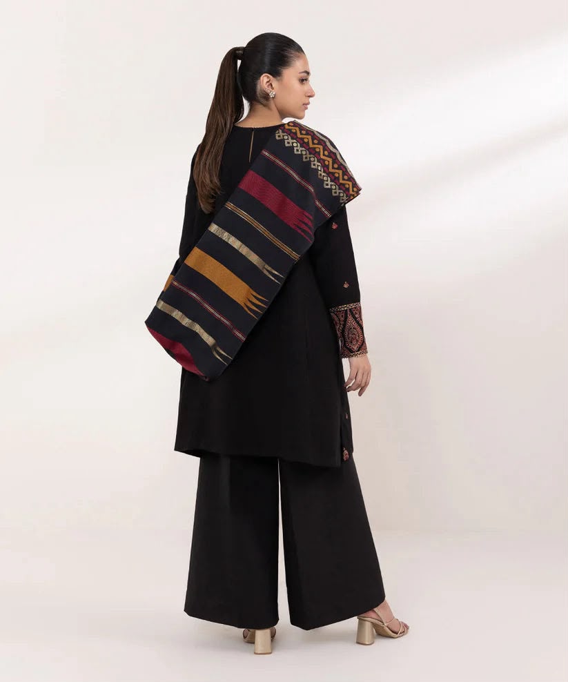 Black Dhanak 3-Piece Suit Full Heavy Multi-Head Embroidered with Digital Printed Woolen Shawl Unstitched — Winter Collection 2026