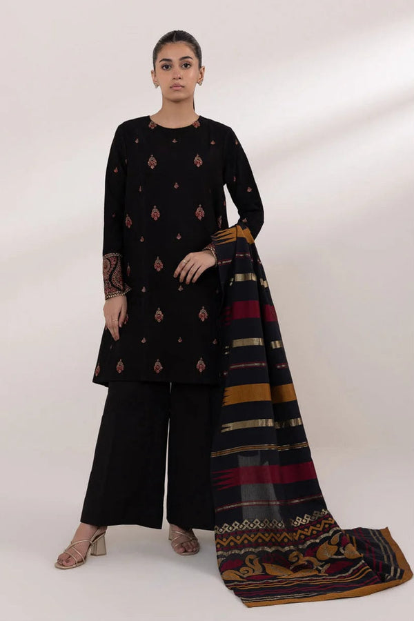 Black Dhanak 3-Piece Suit Full Heavy Multi-Head Embroidered with Digital Printed Woolen Shawl Unstitched — Winter Collection 2026