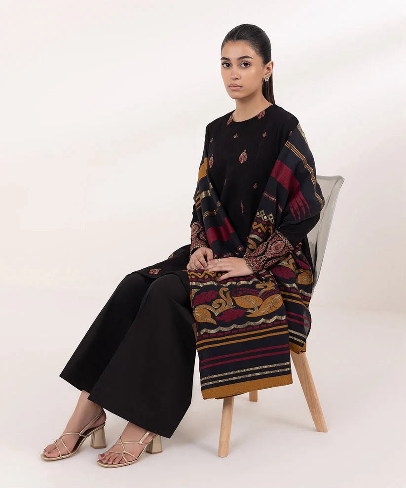Black Dhanak 3-Piece Suit Full Heavy Multi-Head Embroidered with Digital Printed Woolen Shawl Unstitched — Winter Collection 2026