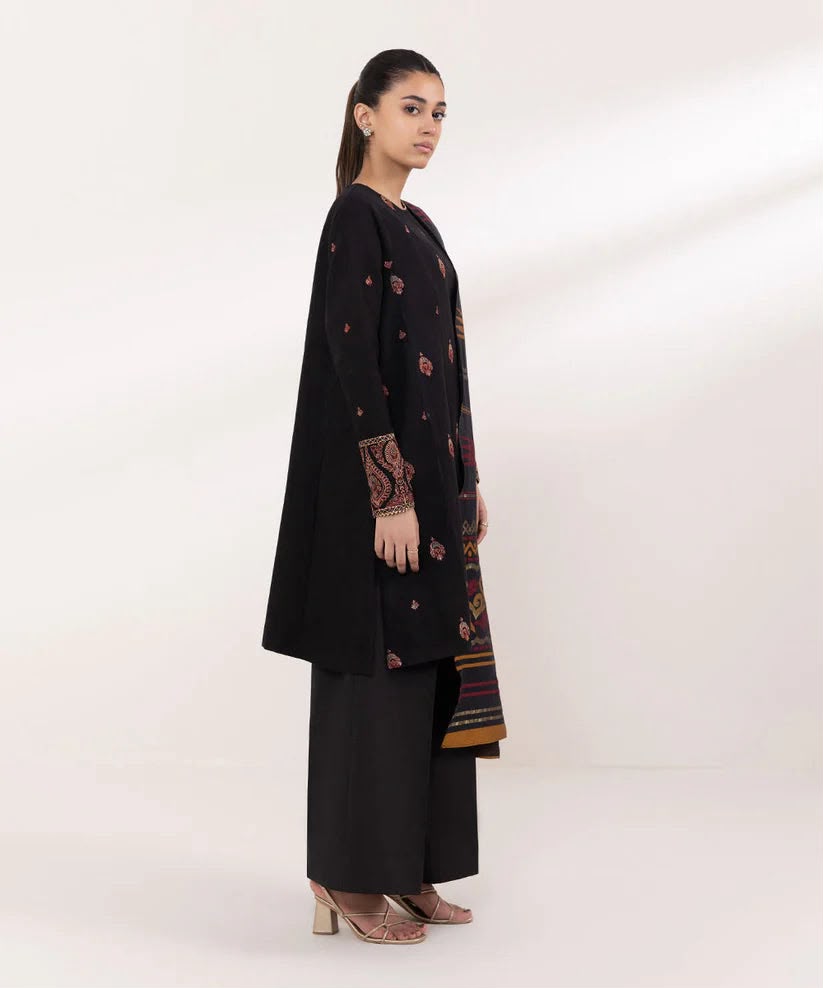Black Dhanak 3-Piece Suit Full Heavy Multi-Head Embroidered with Digital Printed Woolen Shawl Unstitched — Winter Collection 2026