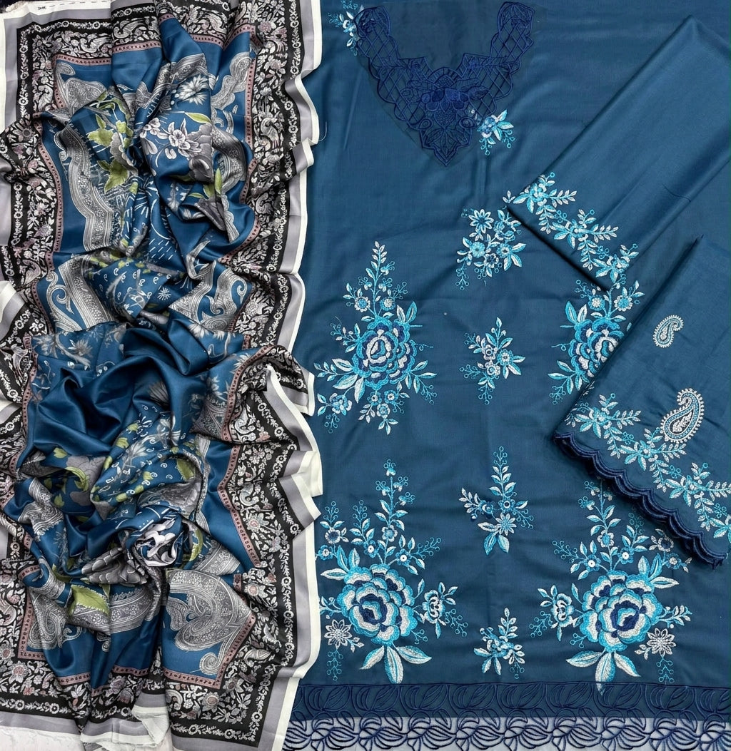 Teal Blue Dhanak 3-Piece Suit Full Heavy Embroidered with Digital Printed Woolen Shawl Unstitched — Winter Collection 2026