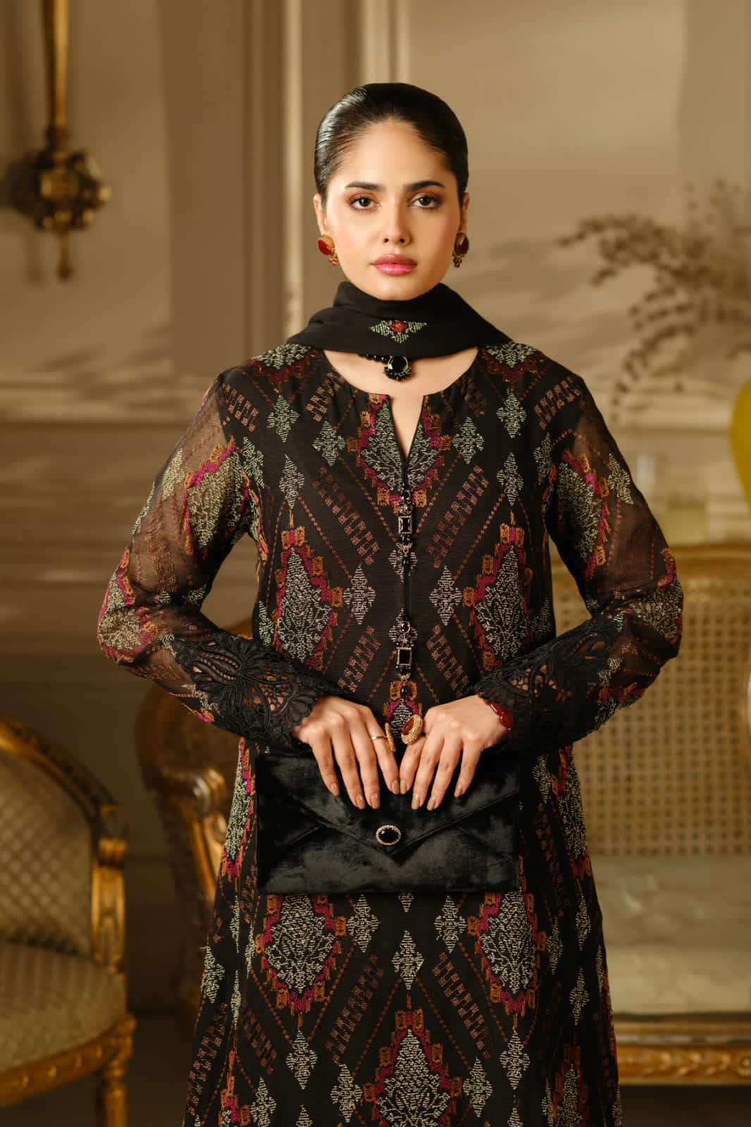 Black Dhanak 3-Piece Suit Full Heavy Multi-Head Embroidered with Embroidered Dhanak Shawl Unstitched — Winter Collection 2026