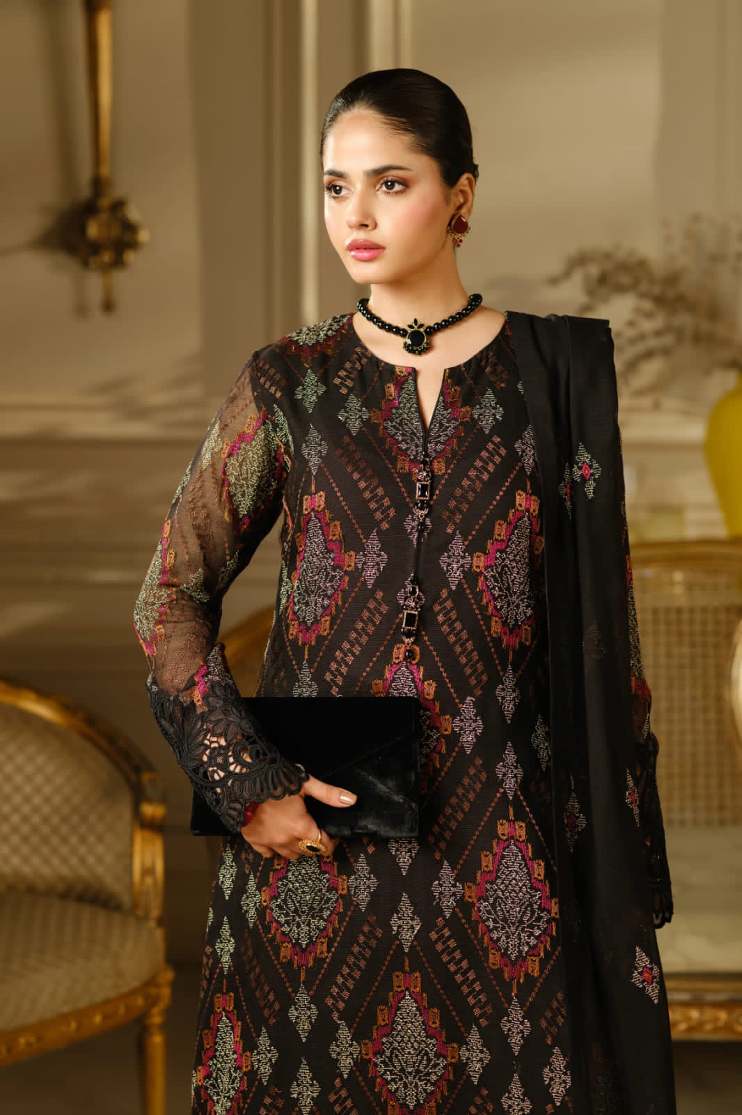 Black Dhanak 3-Piece Suit Full Heavy Multi-Head Embroidered with Embroidered Dhanak Shawl Unstitched — Winter Collection 2026