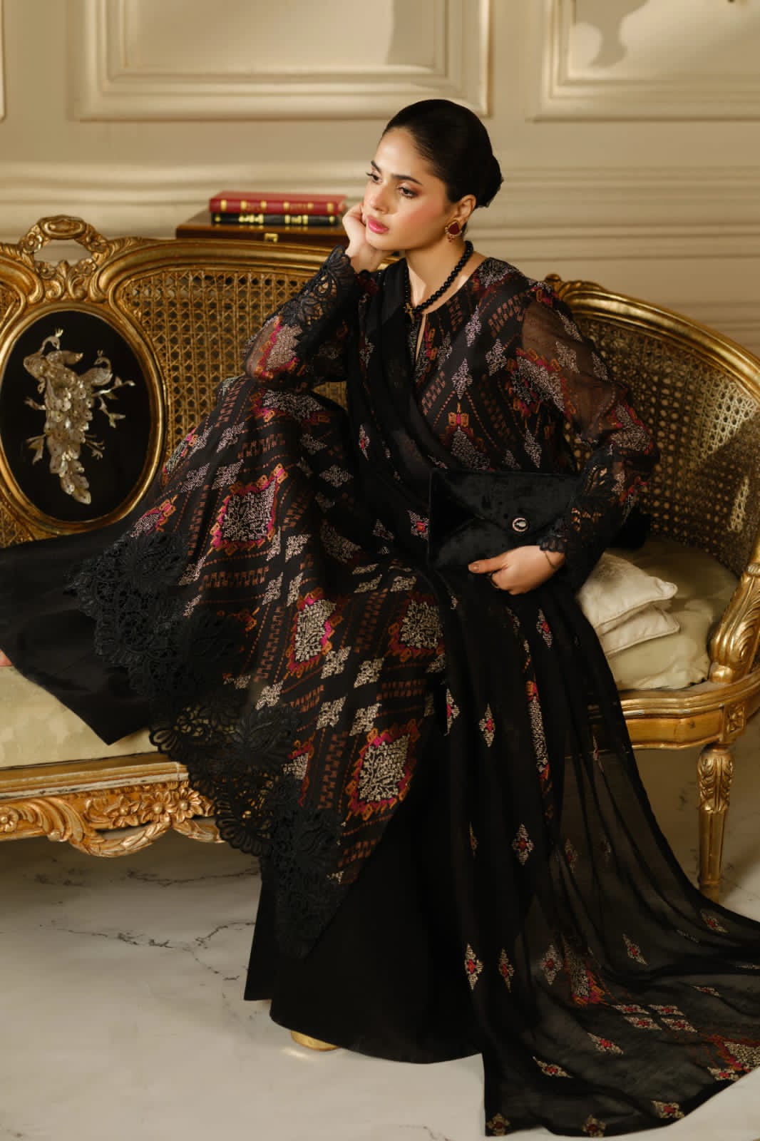 Black Dhanak 3-Piece Suit Full Heavy Multi-Head Embroidered with Embroidered Dhanak Shawl Unstitched — Winter Collection 2026
