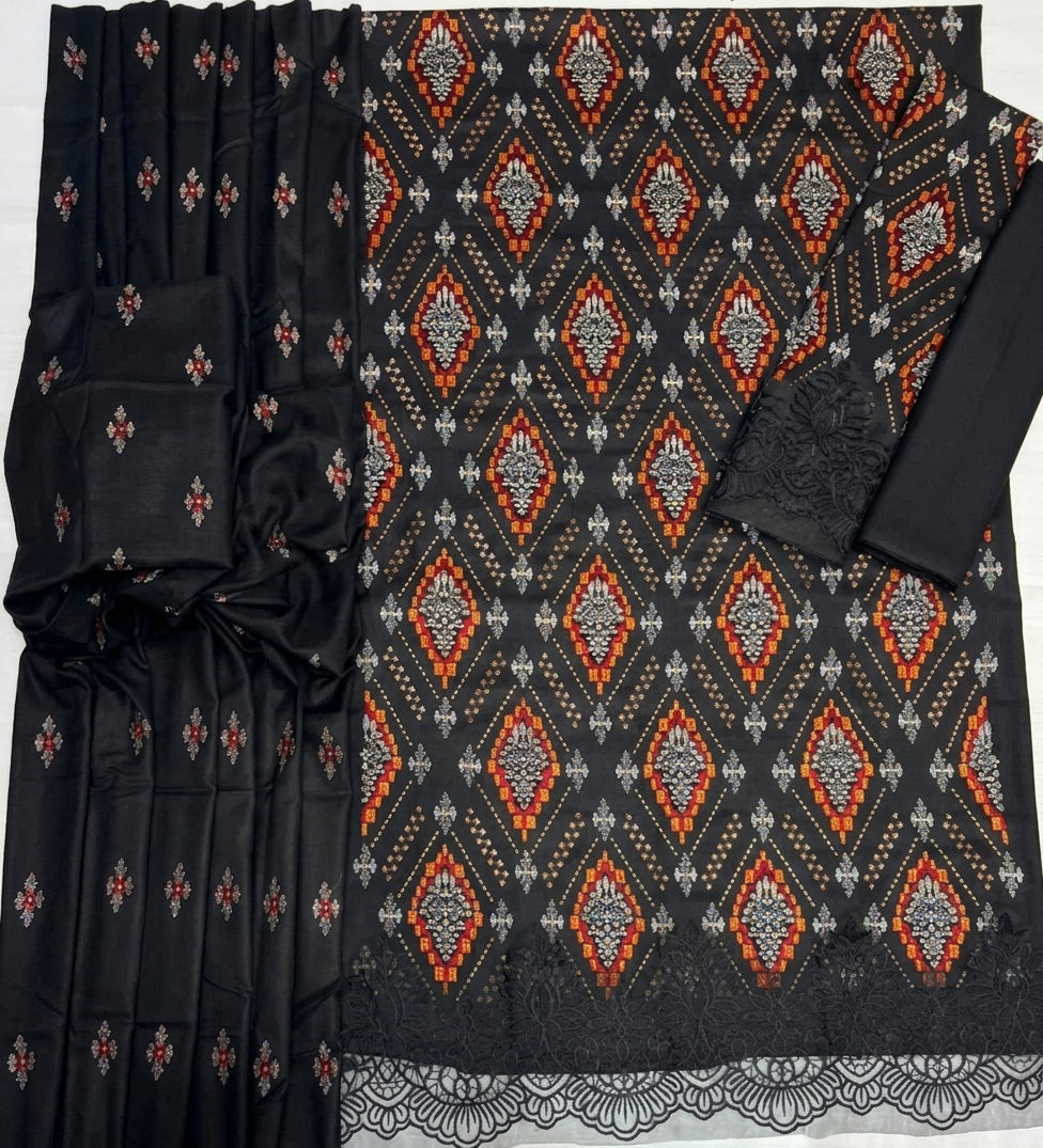 Black Dhanak 3-Piece Suit Full Heavy Multi-Head Embroidered with Embroidered Dhanak Shawl Unstitched — Winter Collection 2026
