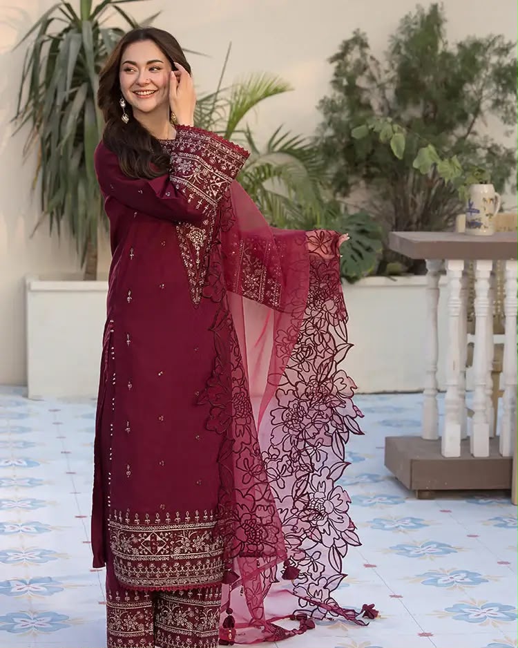 Maroon Dhanak 3-Piece Suit Heavy Sequence Embroidered with Luxury Embroidered Shawl Unstitched — Winter Collection 2026