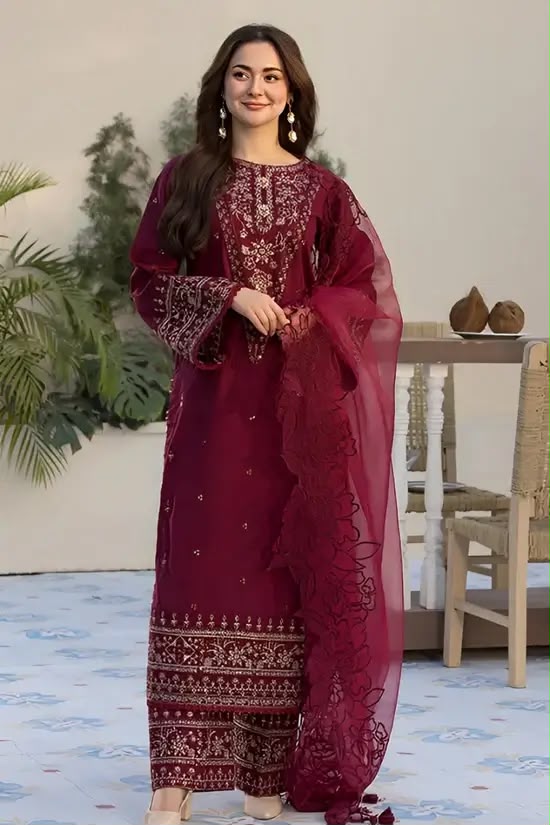 Maroon Dhanak 3-Piece Suit Heavy Sequence Embroidered with Luxury Embroidered Shawl Unstitched — Winter Collection 2026