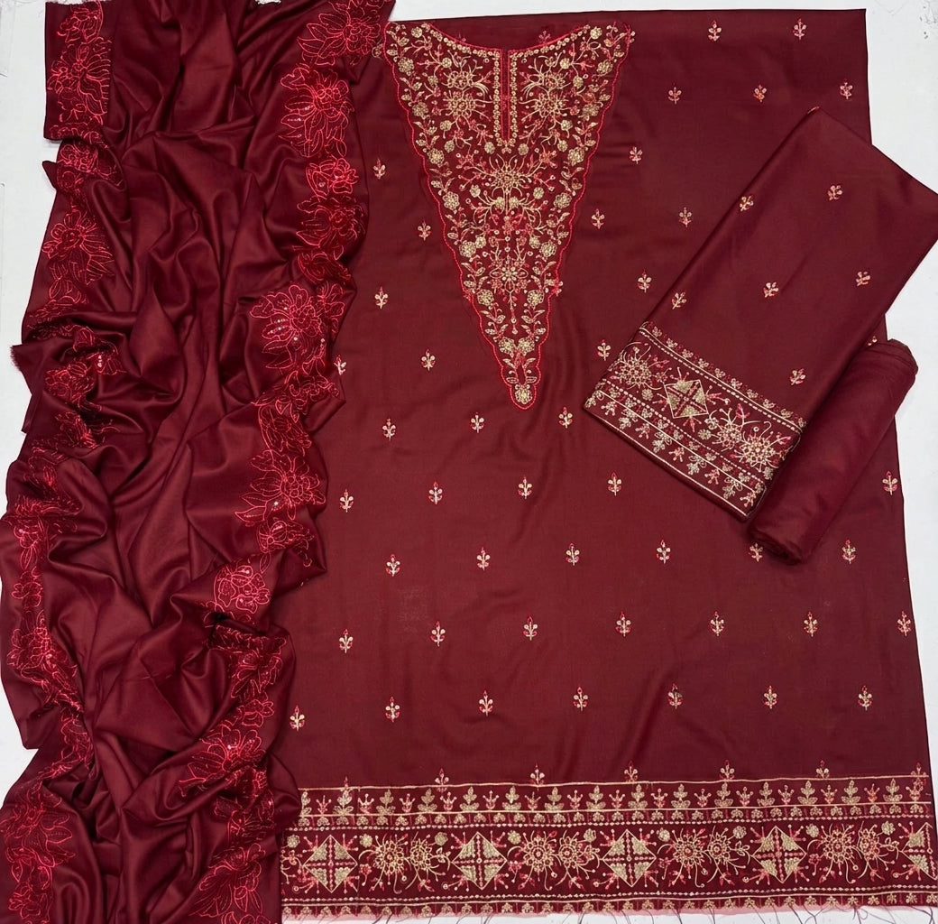 Maroon Dhanak 3-Piece Suit Heavy Sequence Embroidered with Luxury Embroidered Shawl Unstitched — Winter Collection 2026