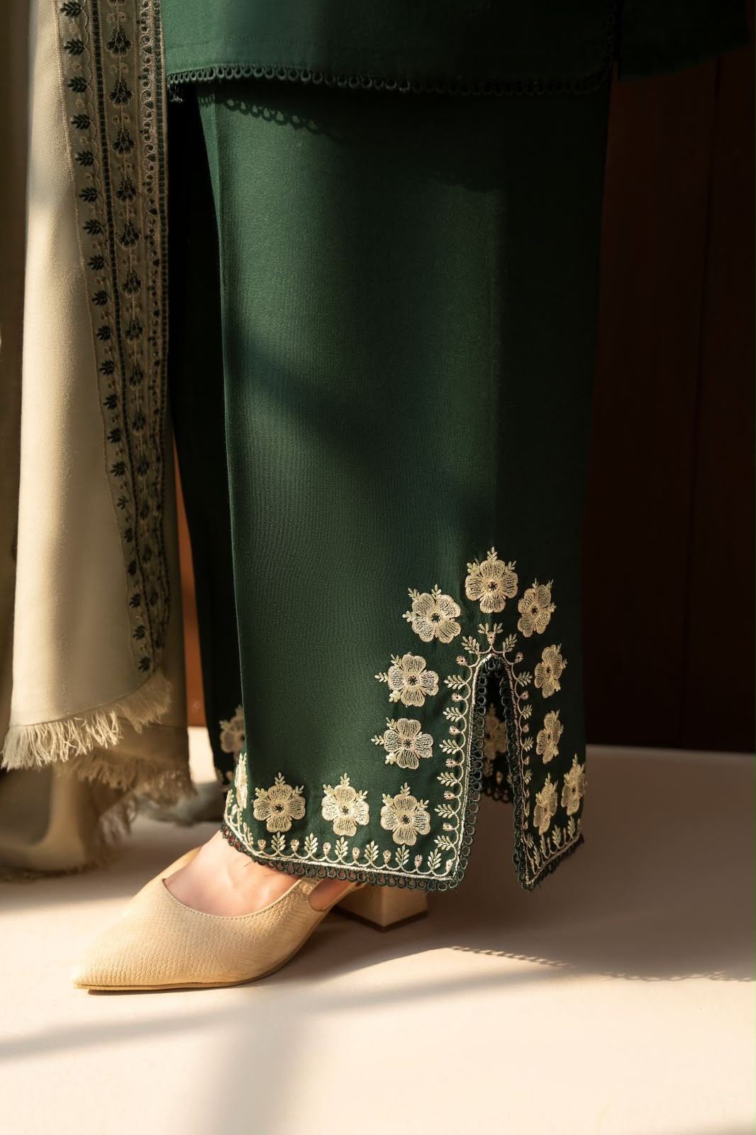 Bottle Green Dhanak 3-Piece Suit Full Heavy Embroidered with Digital Printed Woolen Shawl Unstitched — Winter Collection 2026