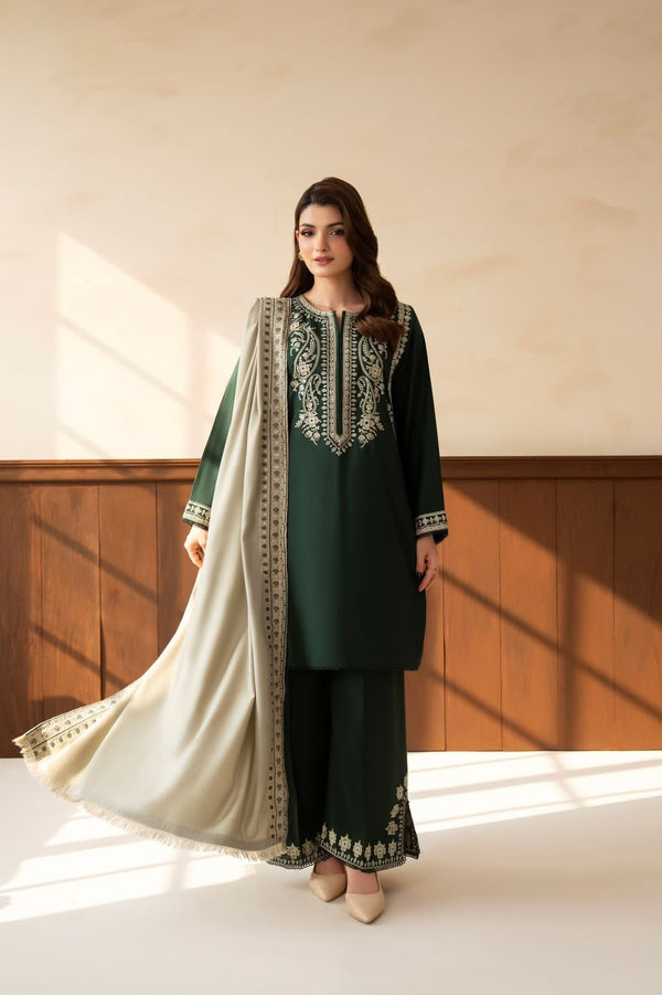 Bottle Green Dhanak 3-Piece Suit Full Heavy Embroidered with Digital Printed Woolen Shawl Unstitched — Winter Collection 2026