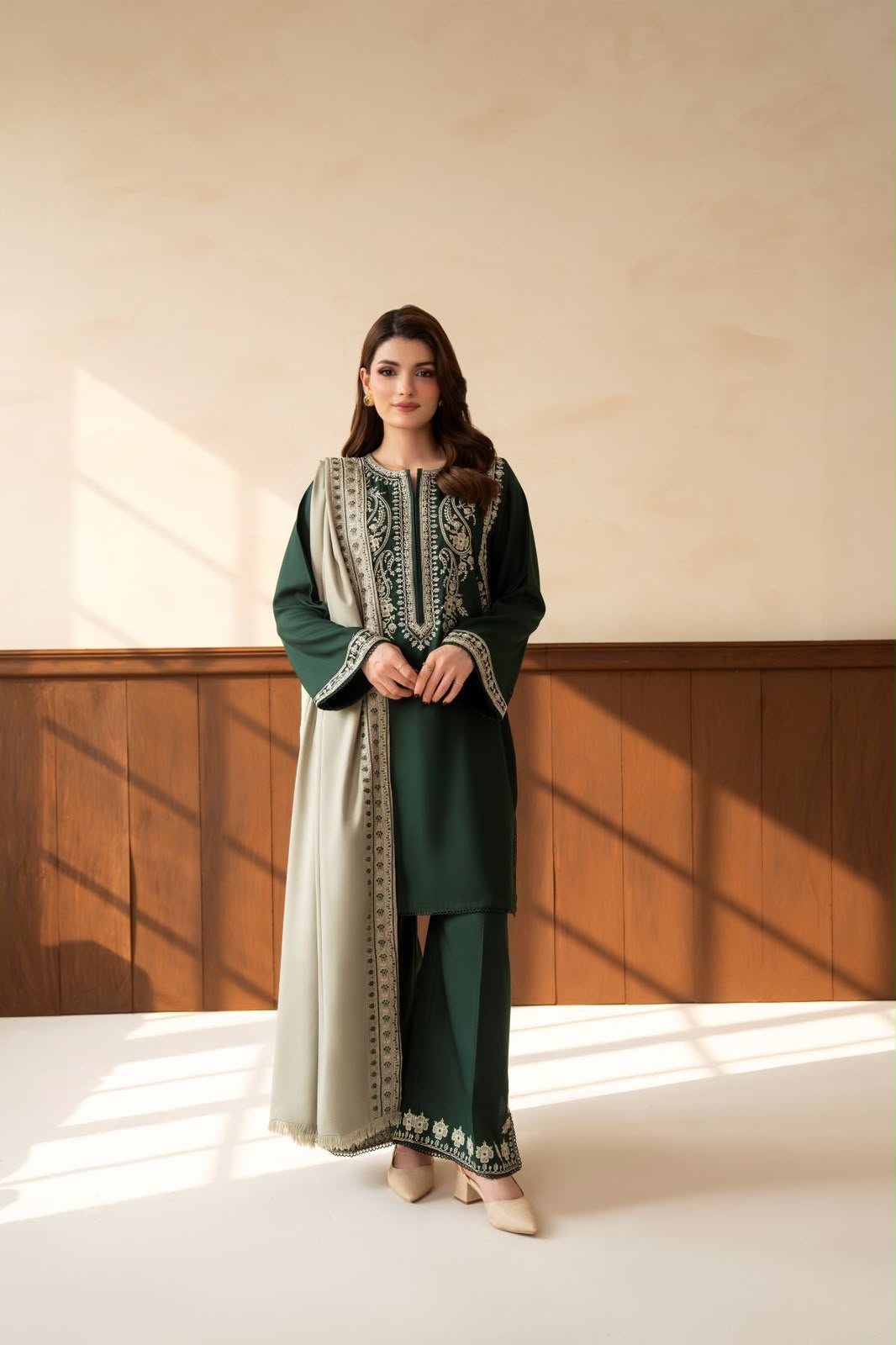 Bottle Green Dhanak 3-Piece Suit Full Heavy Embroidered with Digital Printed Woolen Shawl Unstitched — Winter Collection 2026