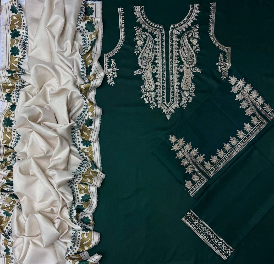 Bottle Green Dhanak 3-Piece Suit Full Heavy Embroidered with Digital Printed Woolen Shawl Unstitched — Winter Collection 2026