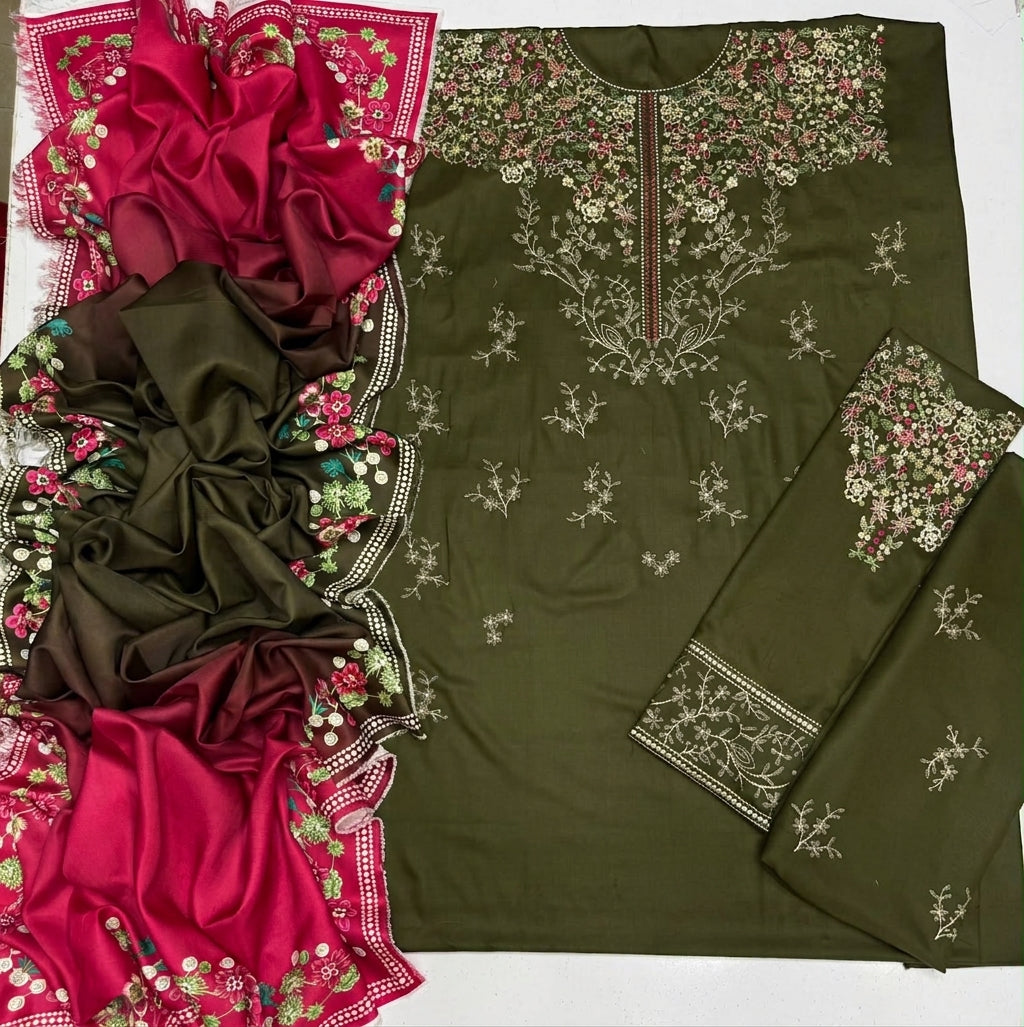 Black & Olive Green Dhanak 3-Piece Suit Full Heavy Embroidered with Digital Printed Woolen Shawl Unstitched — Winter Collection 2026