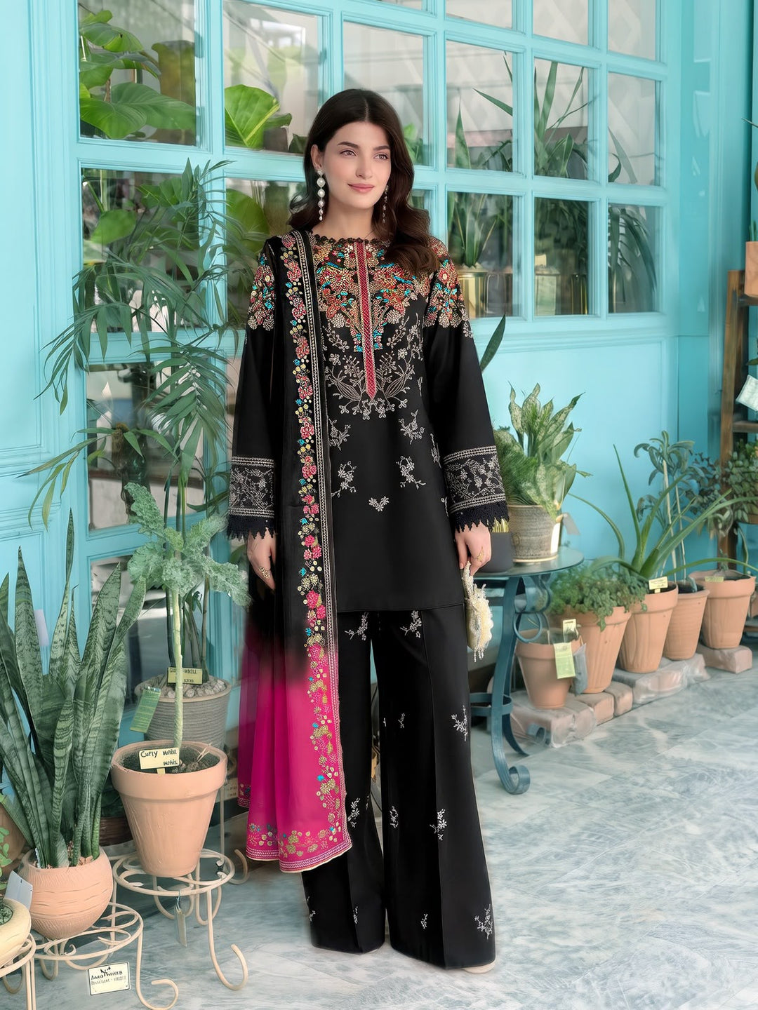 Black & Olive Green Dhanak 3-Piece Suit Full Heavy Embroidered with Digital Printed Woolen Shawl Unstitched — Winter Collection 2026
