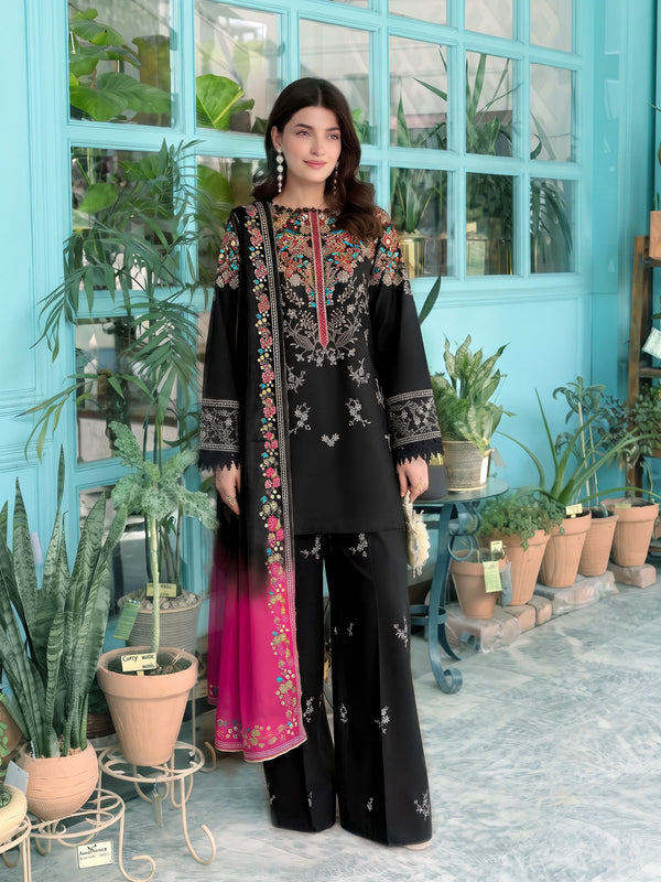 Black & Olive Green Dhanak 3-Piece Suit Full Heavy Embroidered with Digital Printed Woolen Shawl Unstitched — Winter Collection 2026